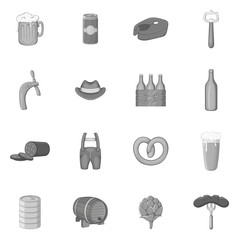 Beer icons set in black monochrome style. Oktoberfest elements set collection vector illustration