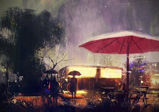 outdoor shop in the park at rainy night,digital painting