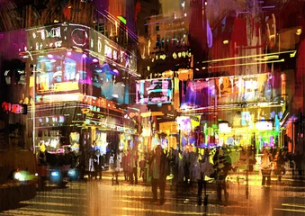 Crédence de cuisine en verre imprimé Grand échec Peinture colorée de la rue de nuit, illustration, paysage urbain