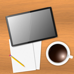 Vector tablet on wooden table and a cup of coffee