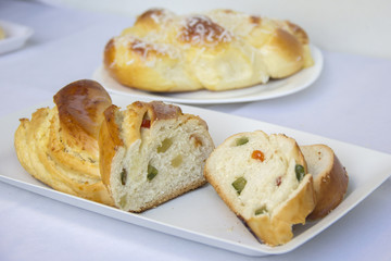 Home made sweet braided bread. Bread with crystal fruit.