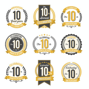 Set of Vintage Anniversary Badges 10th Year Celebration