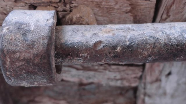 Ancient pickaxe rust exhibited as old tools of the medieval era. 4k