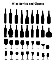 Set of vector wine glass and bottles silhouettes