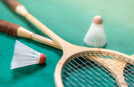 Set of retro badminton equipment (rackets and shuttlecocks), sport with long tradition, now on olympic games