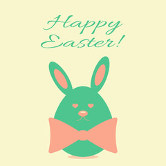 Template for postcards. Egg with rabbit ears, face and bow. Text Happy Easter!