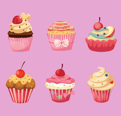 Cupcake set, Cupcake, Vector cupcake, Food vector, Cake vector, Cartoon style, Vector illustration