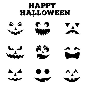 Collection of Halloween pumpkins carved faces silhouettes. Black and white images. Vector illustration