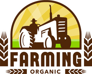 Tractor Wheat Organic Farming Crest Retro