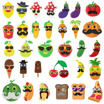 Big set with cartoon character food with mustache or lips, with glasses
