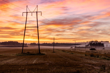 Sunrise and power lines. Field and fog,