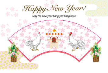 ニワトリと鏡餅と門松のイラスト年賀状テンプレート　２０１７年酉年