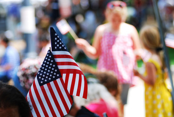 American flag show on 4th of july parade, god bless America - obrazy, fototapety, plakaty