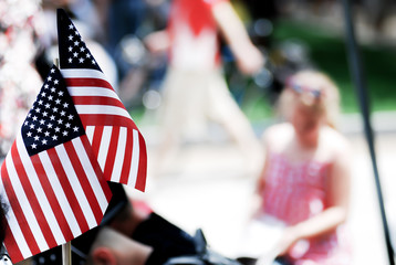 American flag show on 4th of july parade, god bless America - obrazy, fototapety, plakaty