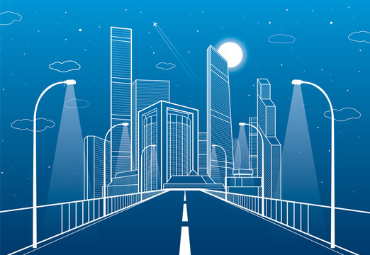 Highway. Road lighting lanterns. Business center, architecture and urban illustration, neon city, white lines composition, skyscrapers and towers, vector design art