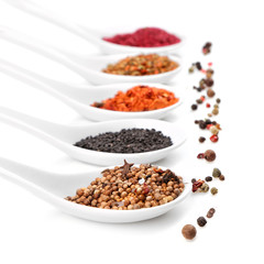 Different spices in spoons on white background