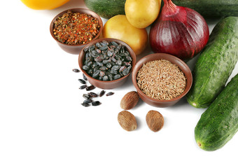 Vegetables and spices on white background
