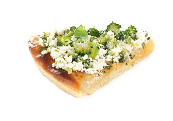 Piece of vegetarian Italian pizza with cheese and vegetables on white background