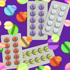 Seamless pattern with medical pills in packing on a purple backg