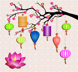 Mid Autumn Festival vector with lotus lantern and plum blossom