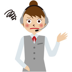 ヘッドセットをするグレーの制服の女性オペレーターが困る