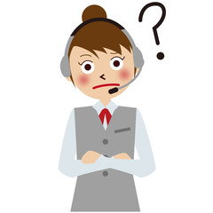 ヘッドセットをするグレーの制服の女性オペレーターが疑問