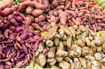 Display of sweet potatoes at the market