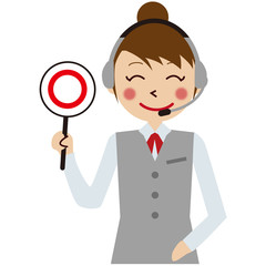 ヘッドセットをするグレーの制服の女性オペレーターが○