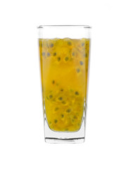 Fresh passion fruit juice with passion fruits on white