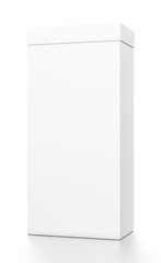 White tall vertical rectangle blank box with cover from front far side angle.