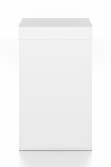 White tall vertical rectangle blank box with cover from top front angle.