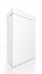 White tall vertical rectangle blank box with cover from front side angle.