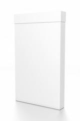 White tall thin vertical rectangle blank box with cover from side angle.