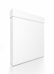 White thin vertical rectangle blank box with cover from front side angle.