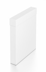 White thin vertical rectangle blank box with cover from top far side angle.