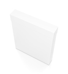 White thin vertical rectangle blank box with cover from top side angle.