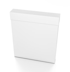 White thin vertical rectangle blank box with cover from top front side angle.