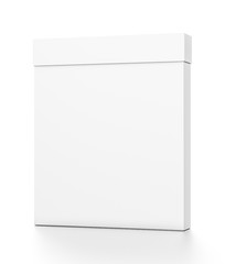 White thin vertical rectangle blank box with cover from front far side angle.