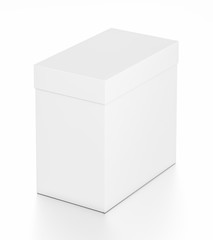 White rectangle blank box with cover from top far side angle.