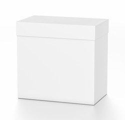 White rectangle blank box with cover from top front far side angle.