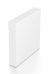 White thin rectangle blank box with cover from top far side angle.