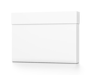 White thin horizontal rectangle blank box with cover from front far side angle.