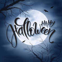 Fototapeta premium vector halloween poster with hand lettering greetings label - happy halloween - on night sky with full moon and clouds on the background with flying bats and dark trees