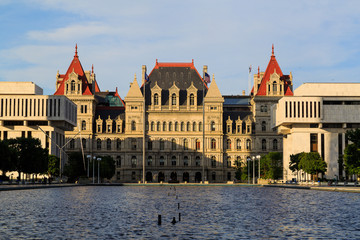 Albany NY Capital area reflection pond in evening and sunset