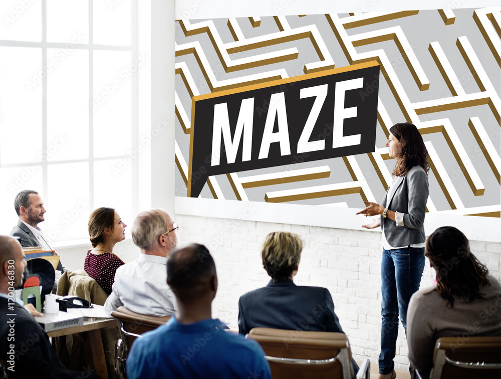 Poster maze challenge confusion direction exit path concept