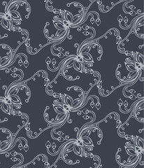 Seamless pattern with hatched floral ornament. Retro style. Vector illustration, eps10