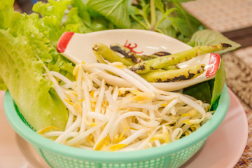 Many vegetables on the plate soft focus,Eat with noodles.