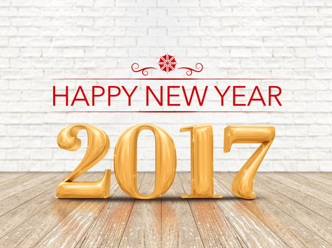 Happy New year 2017 (3d rendering) gold color number on wood pla