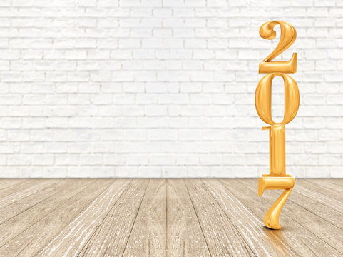 New year 2017 (3d rendering) gold color number on wood plank flo