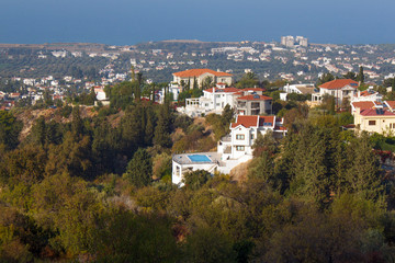Obraz premium Panorama of the sea coast of Kyrenia in Northern Cyprus from the Abbey of Bellapais.